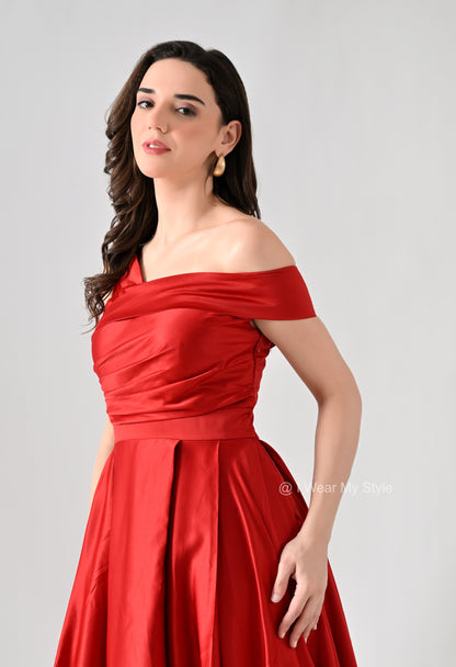 Magnolia Red Milano Satin Double Pleated Gown