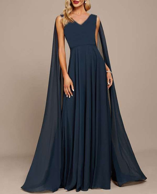 Dark Navy A-Line Floor-Length with cape sleeves