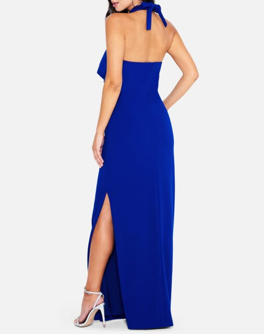 Blue Double Ruffle Halter Neck Scuba Slit Gown