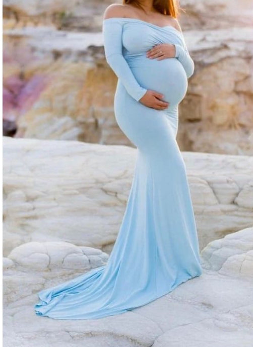 Sky Blue Off Shoulder Maternity Shoot Gown