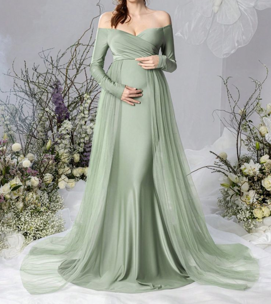 Mint Green Off Shoulder Full Sleeves Maternity Wear Dress
