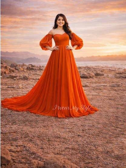 Orange Sweetheart Neckline Prewedding Trail Gown with Balloon Sleeves