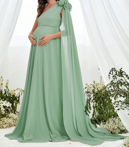 Pista Green One Shoulder Maternity Dress with Shoulder Flowers
