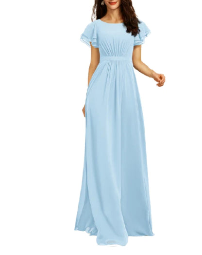 Sky Blue Bridesmaid Flutter Sleeves Maxi Dress