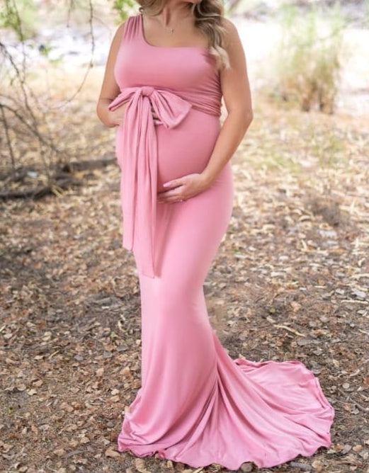 Front Tie up One Shoulder Maternity Lycra Gown with Mini Trail