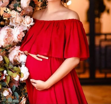 Red Off Shoulder Overlay Maternity Trail Gown