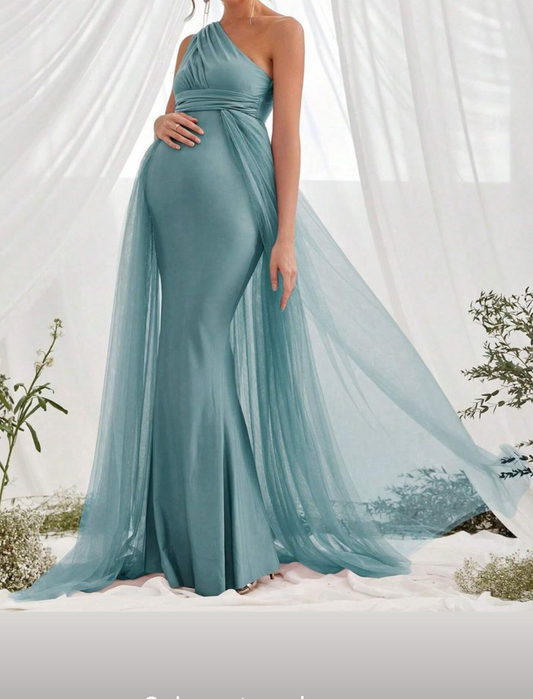 Icy Blue Lycra and Net Maternity Dress for Baby Showers
