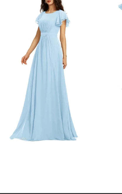 Sky Blue Bridesmaid Flutter Sleeves Maxi Dress