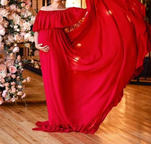 Red Off Shoulder Overlay Maternity Trail Gown
