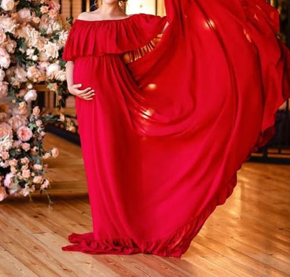 Red Off Shoulder Overlay Maternity Trail Gown