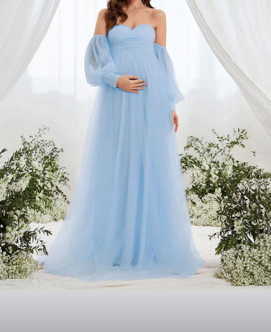 Sky Blue Net Sweetheart Neck Off Shoulder Maternity Dress