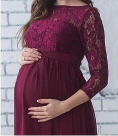 Burgundy Lace Full Sleeves Maternity Dress