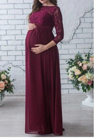Burgundy Lace Full Sleeves Maternity Dress
