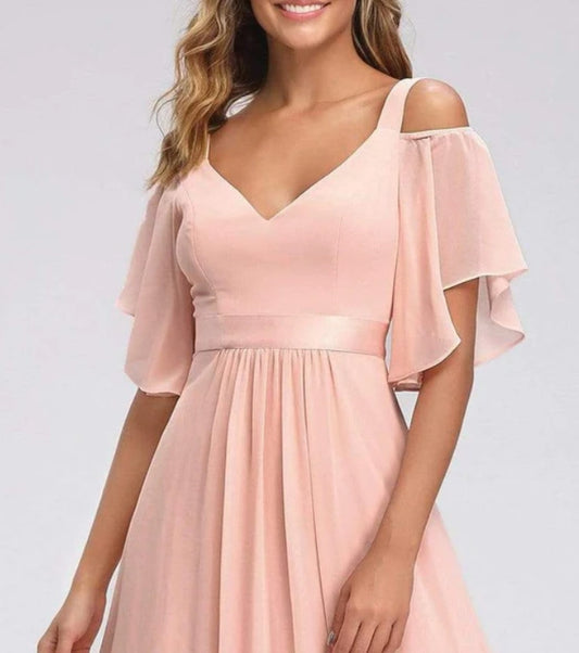 Peach Cold Shoulder Flutter Sleeves Dress
