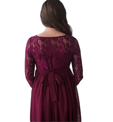 Burgundy Lace Full Sleeves Maternity Dress