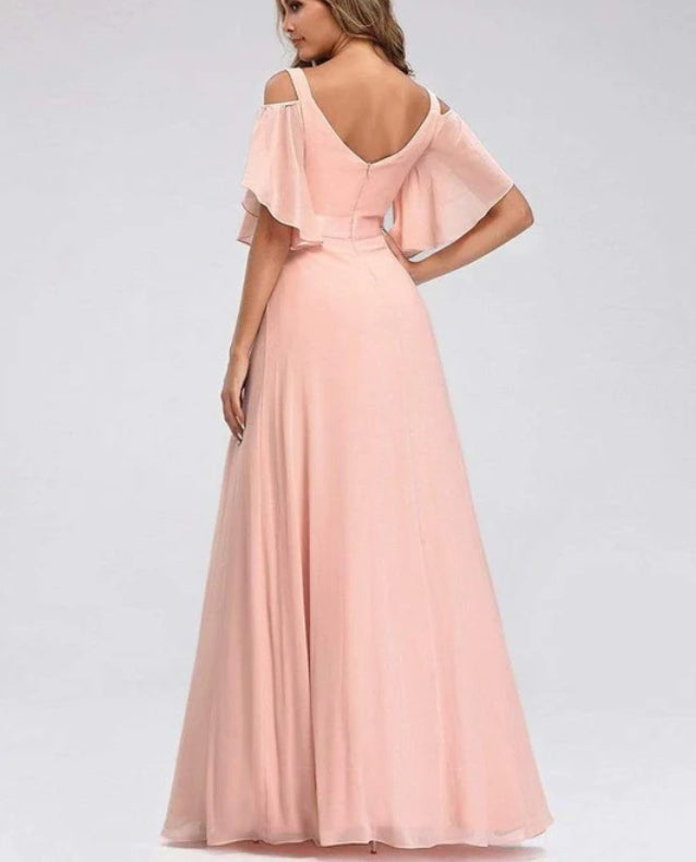 Peach Cold Shoulder Flutter Sleeves Dress