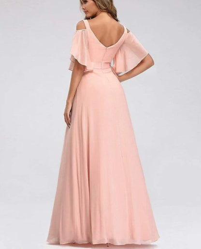 Peach Cold Shoulder Flutter Sleeves Dress