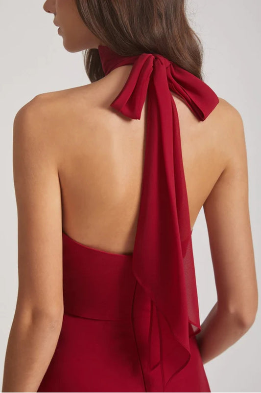 Maroon Red High Neck Halter Maxi Dress