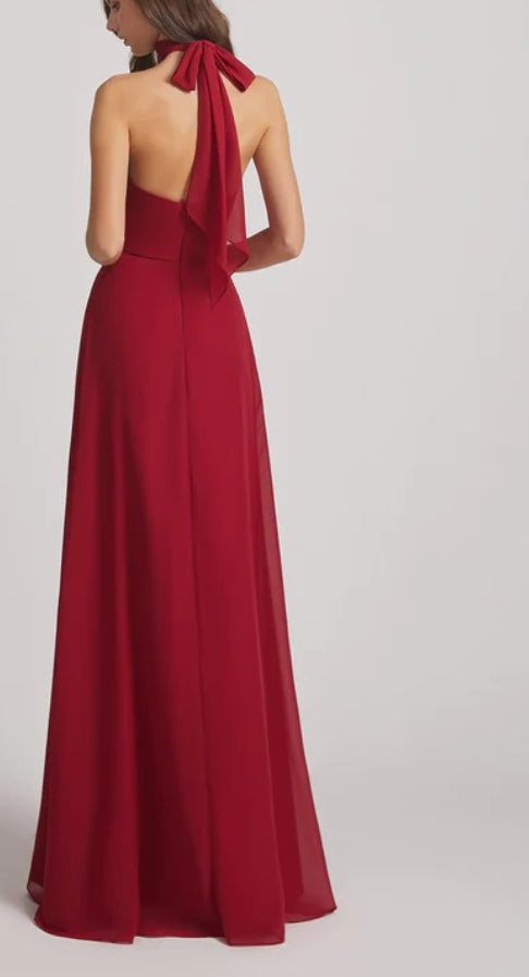 Maroon Red High Neck Halter Maxi Dress