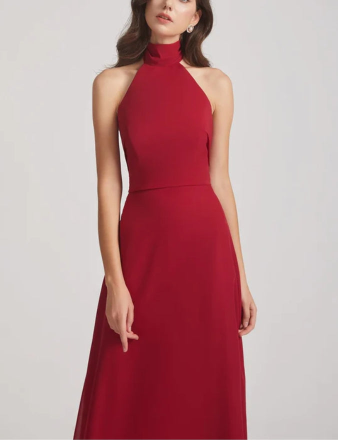 Maroon Red High Neck Halter Maxi Dress