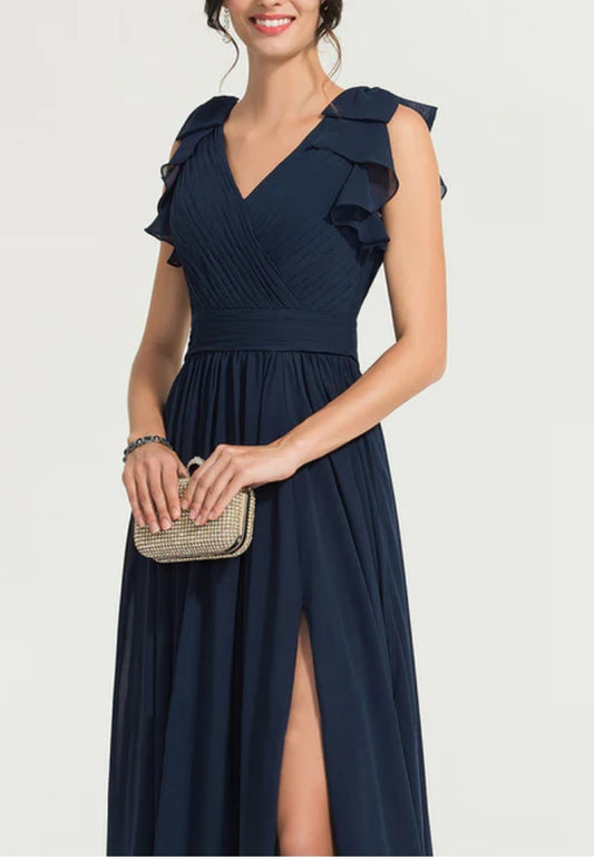 Navy Blue Frilled Sleeves Maxi Dress