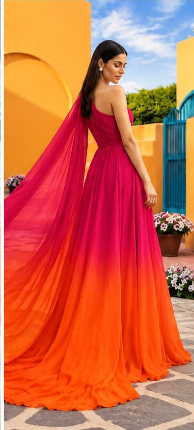 Pink and Orange Ombre Prewedding Mega trail Gown