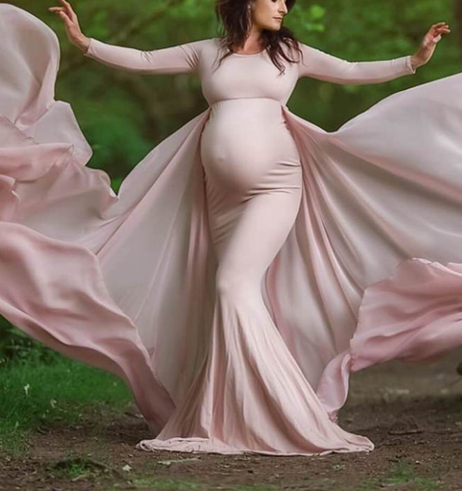 Peach Pink Photoshoot Maternity Dress in Lycra and Attached Georgette Trail