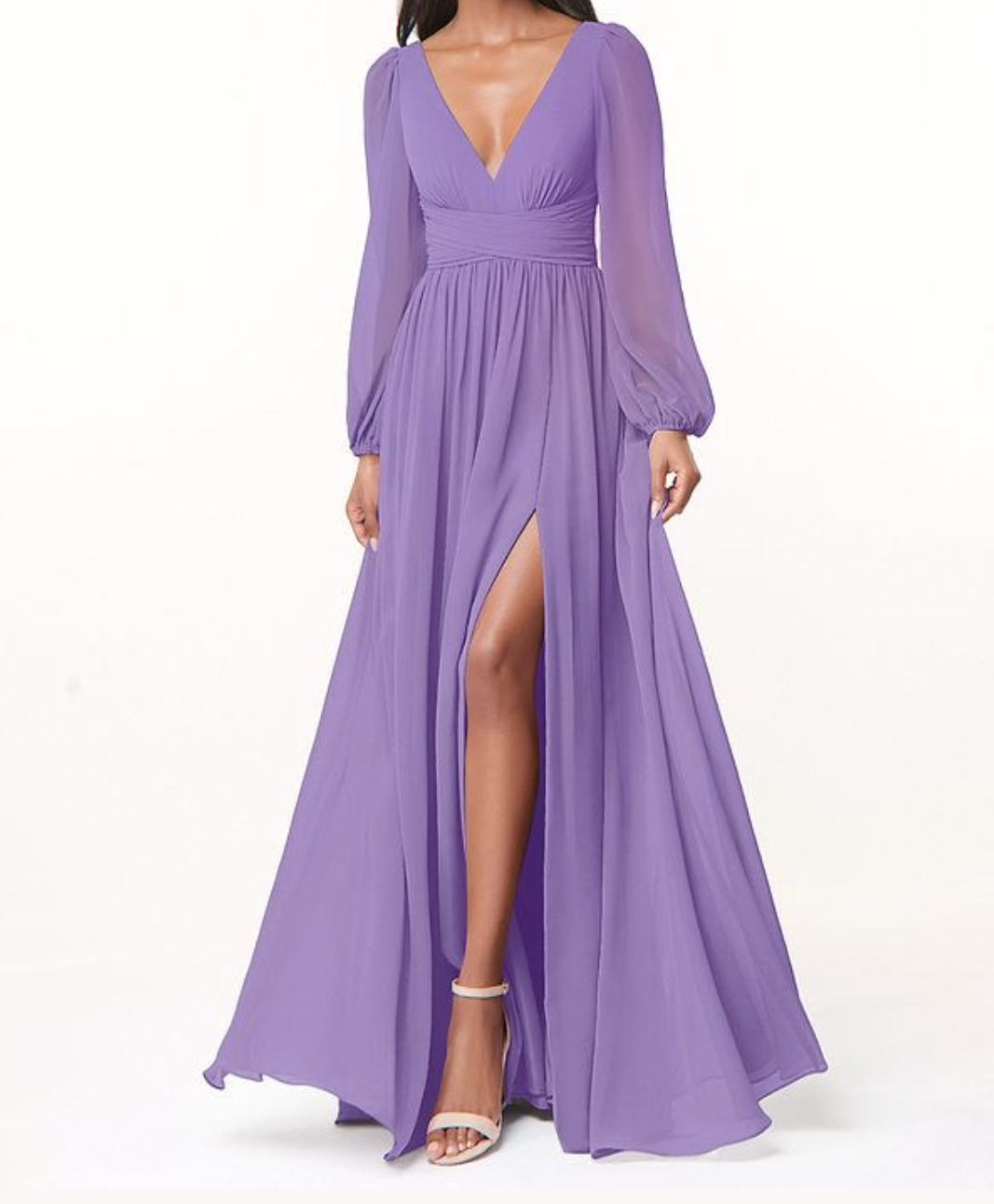 Lavender V Neck Puffer Sleeves Maxi Dress with slit