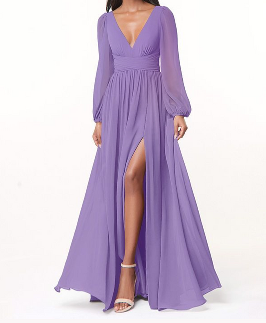Lavender V Neck Puffer Sleeves Maxi Dress with slit