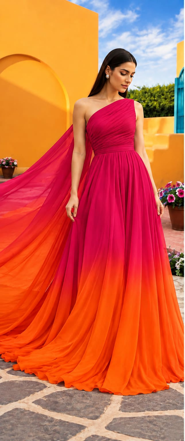 Pink and Orange Ombre Prewedding Mega trail Gown