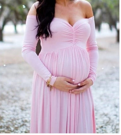 Baby Pink Lycra Ruched Maternity Off Shoulder Dress