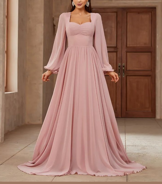 Dusty Pink Sweetheart Neck Full Sleeves Maxi Dress