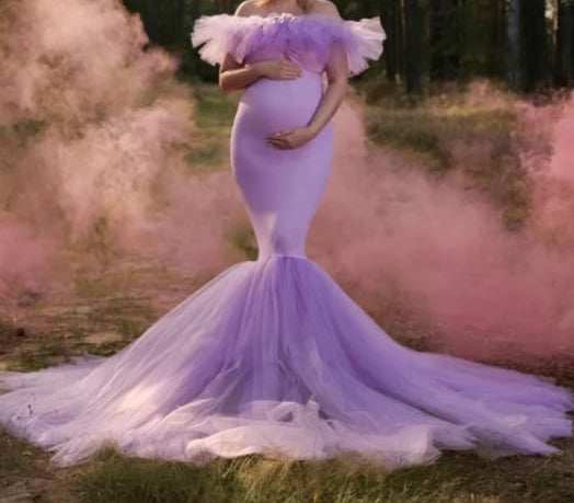 Lavender Off Shoulder Maternity Ruffled Photoshoot Gown