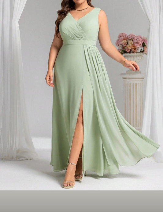 Pista Green V Neck Plus Size Maxi Dress All Occassion Wear Maxi