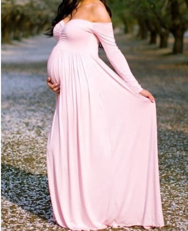 Baby Pink Lycra Ruched Maternity Off Shoulder Dress