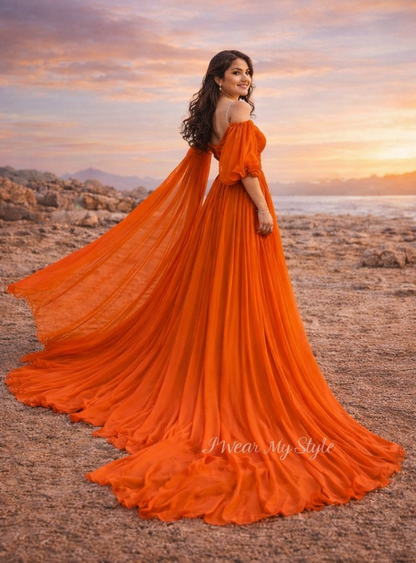 Orange Sweetheart Neckline Prewedding Trail Gown with Balloon Sleeves