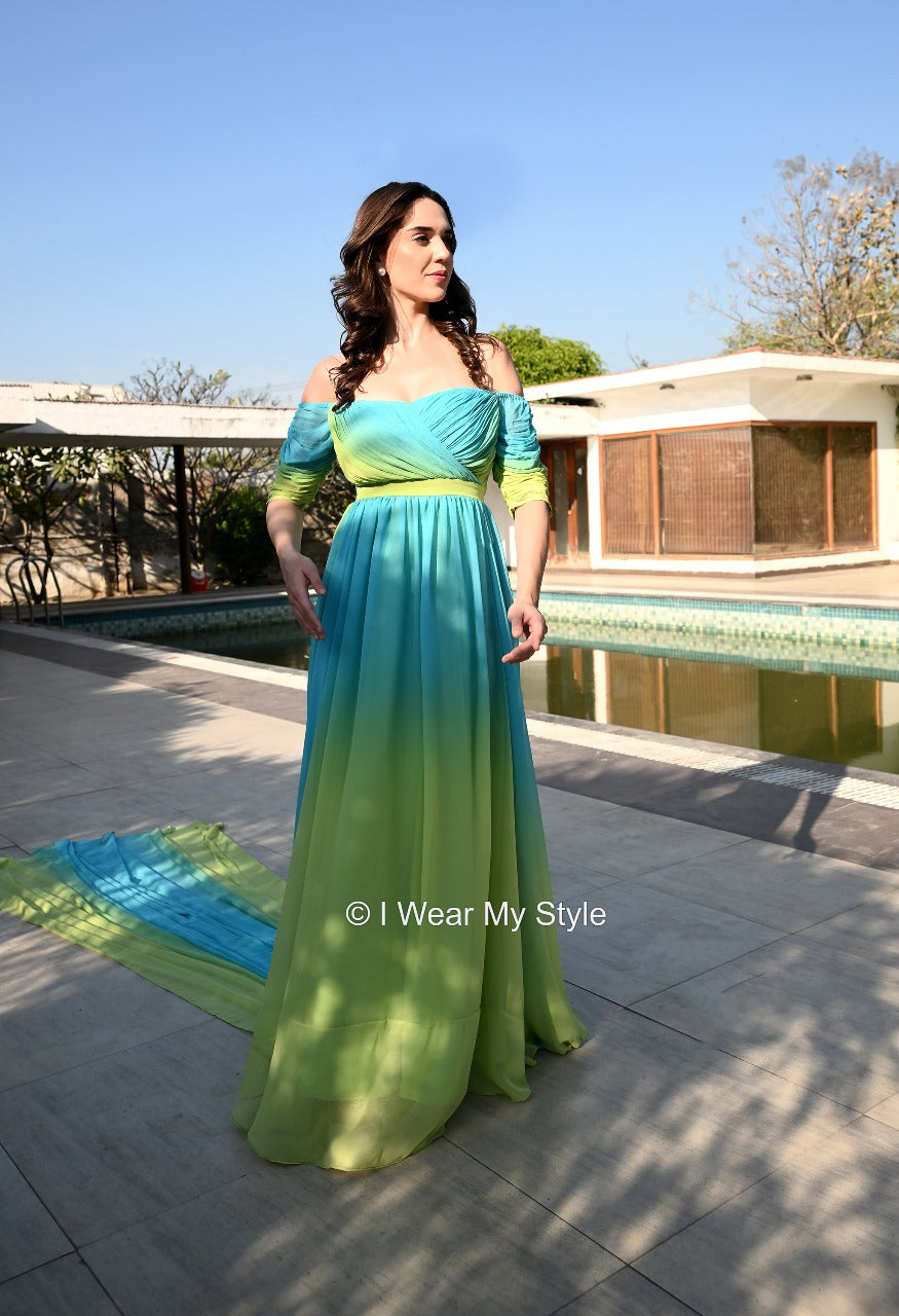 Green and Blue Helicopter Prewedding Off Shoulder Trail Gown