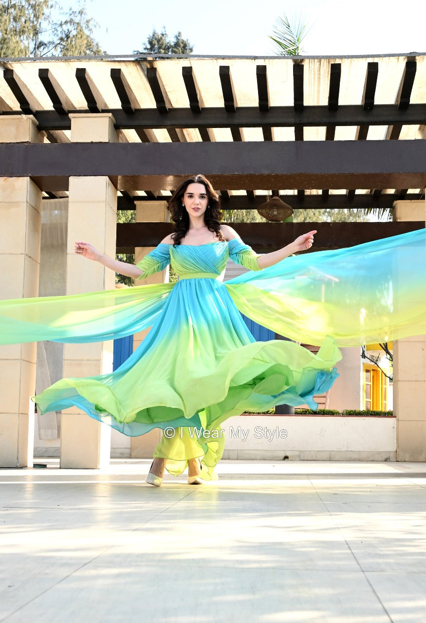 Green and Blue Helicopter Prewedding Off Shoulder Trail Gown