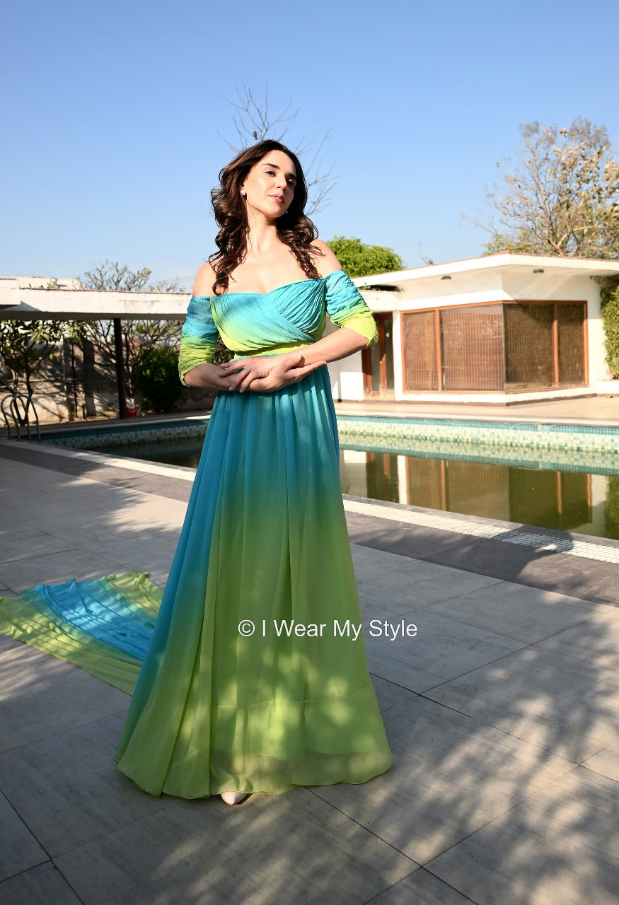Green and Blue Helicopter Prewedding Off Shoulder Trail Gown