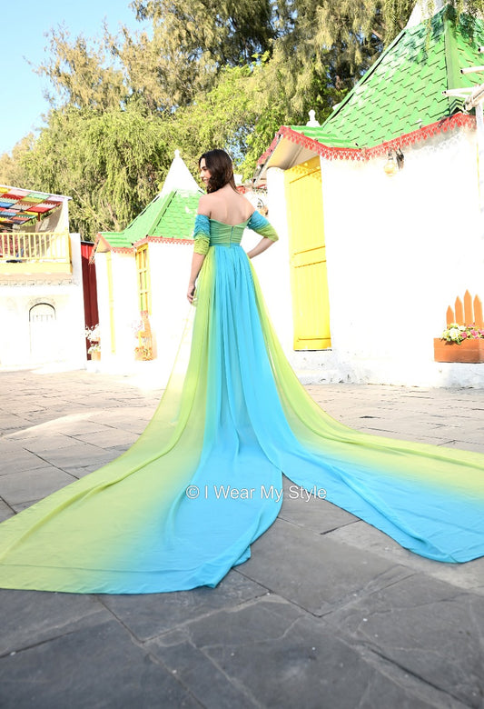 Green and Blue Helicopter Prewedding Off Shoulder Trail Gown