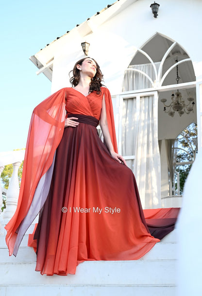 Brown and Orange Double Sleeves Cape Prewedding Trail Gown