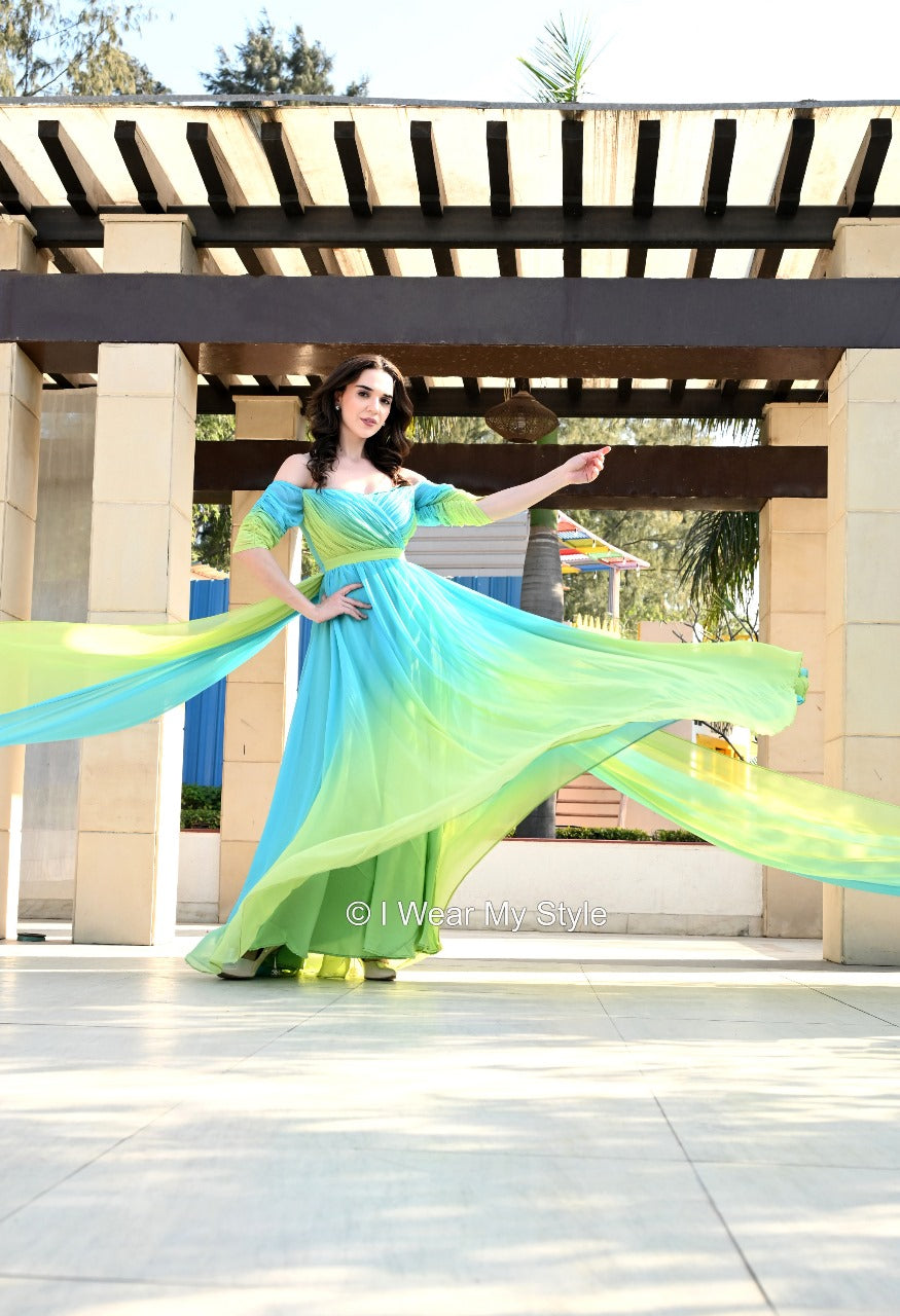 Green and Blue Helicopter Prewedding Off Shoulder Trail Gown