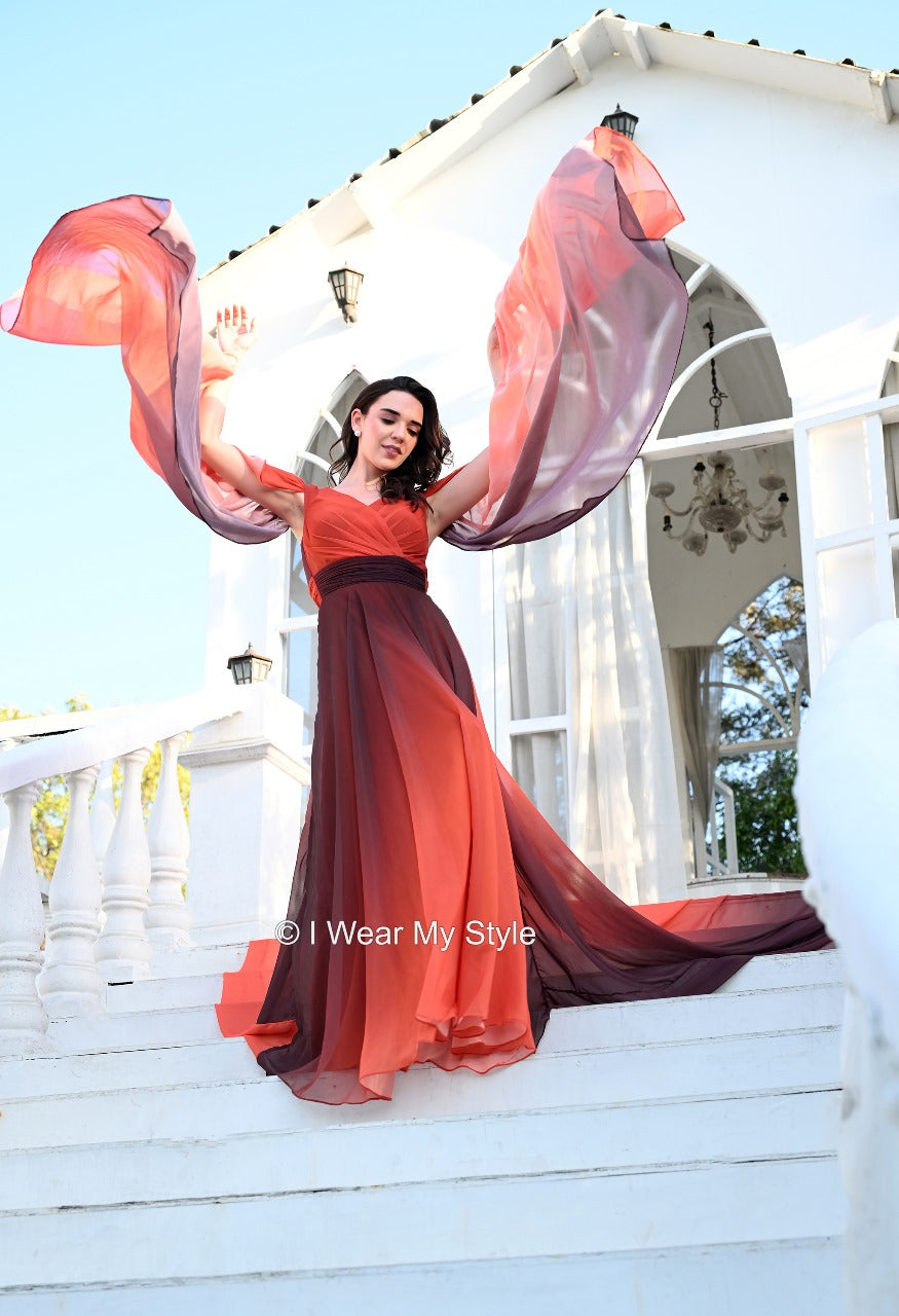 Brown and Orange Double Sleeves Cape Prewedding Trail Gown