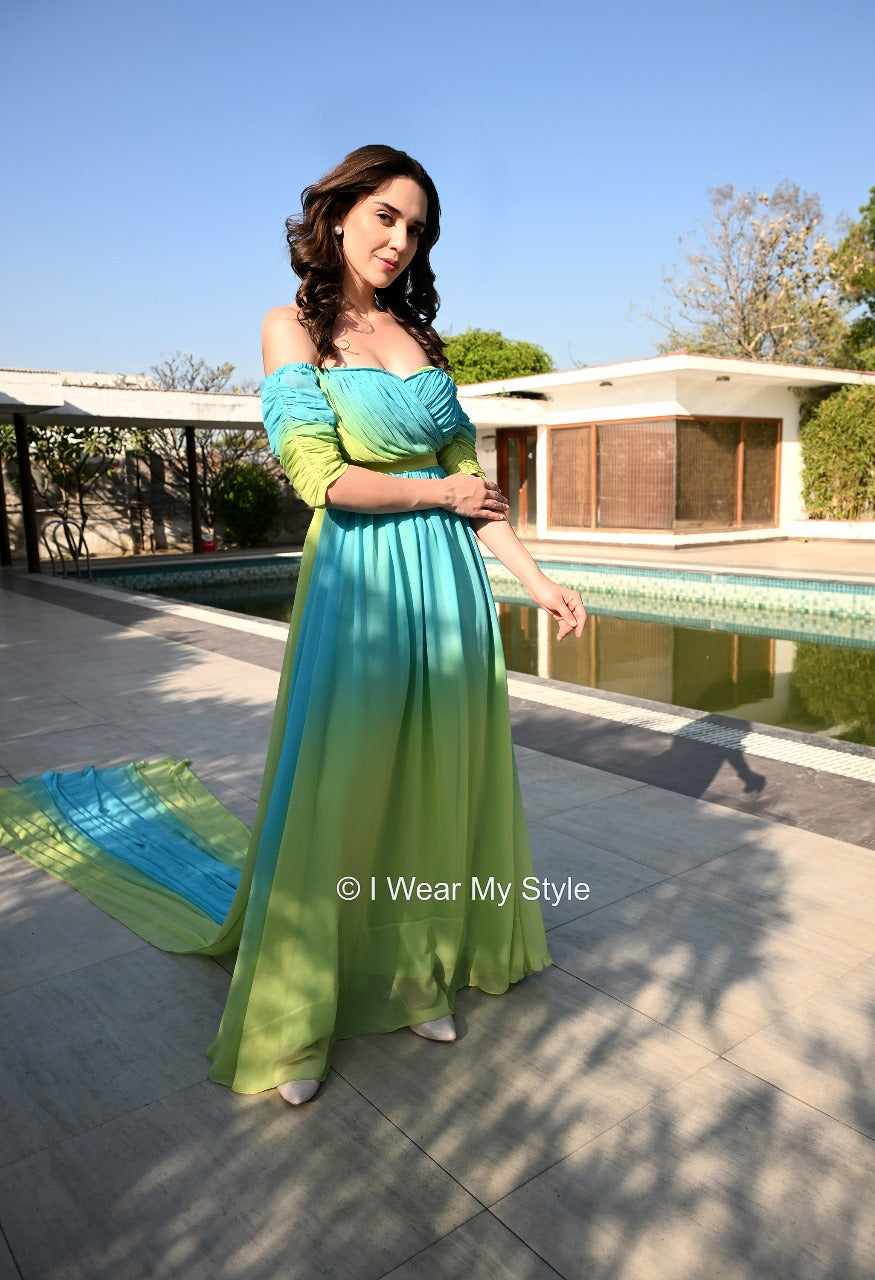 Green and Blue Helicopter Prewedding Off Shoulder Trail Gown