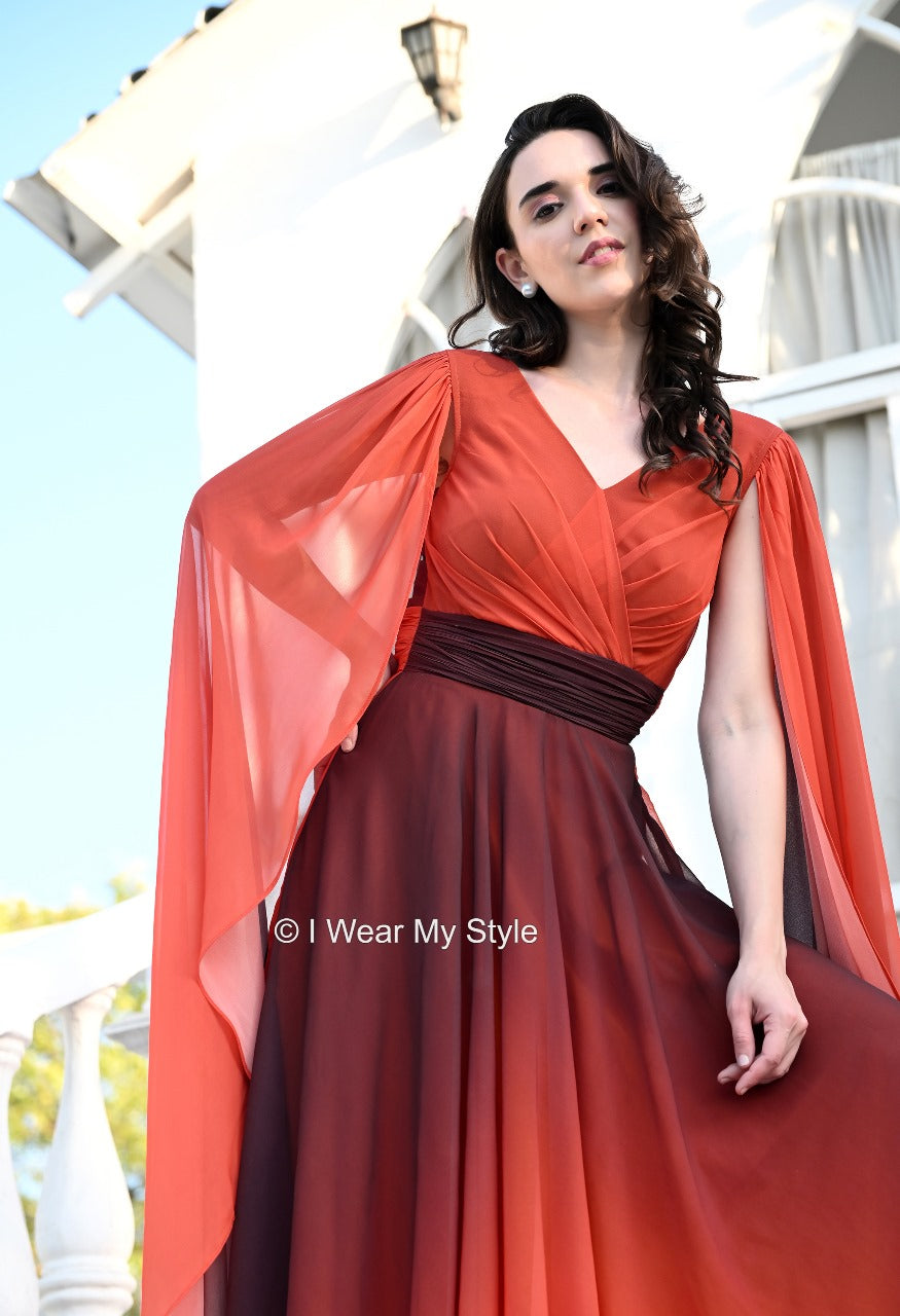 Brown and Orange Double Sleeves Cape Prewedding Trail Gown