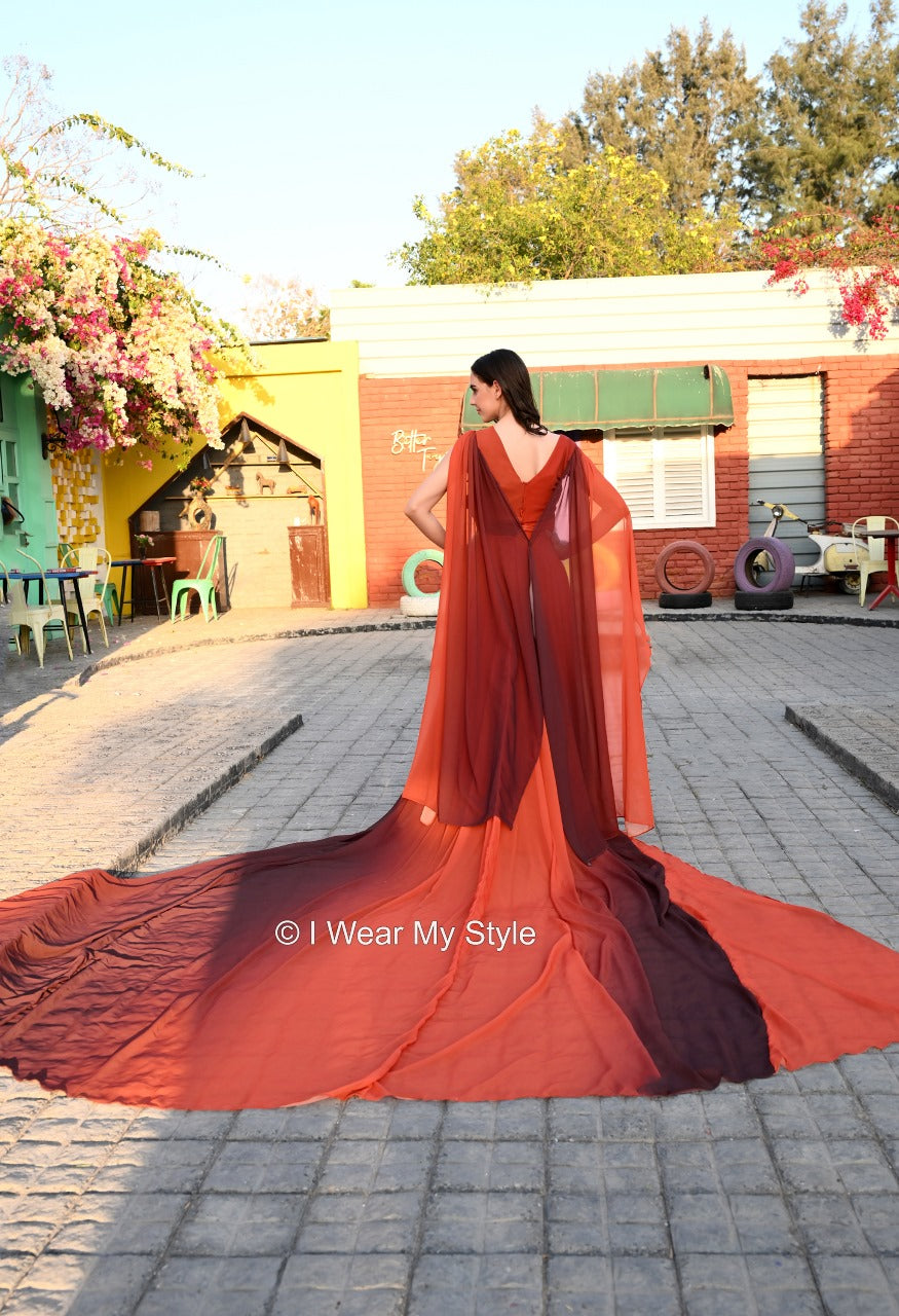 Brown and Orange Double Sleeves Cape Prewedding Trail Gown