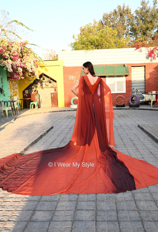 Brown and Orange Double Sleeves Cape Prewedding Trail Gown