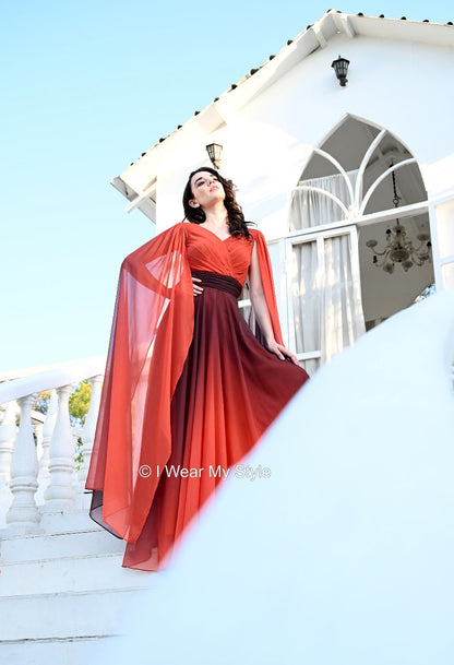 Brown and Orange Double Sleeves Cape Prewedding Trail Gown