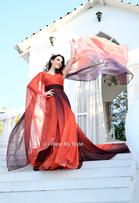Brown and Orange Double Sleeves Cape Prewedding Trail Gown