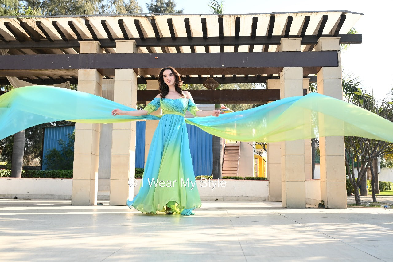 Green and Blue Helicopter Prewedding Off Shoulder Trail Gown